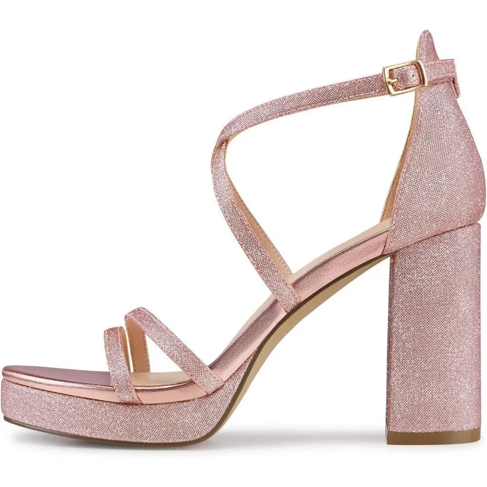 Women's Pink-GlitterSandal Stylish Comfortable Chunky Blocked Strappy Heel Shoe
